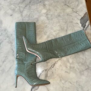 Paris Texas Crocodile-Embossed Heeled Boots in Light Blue